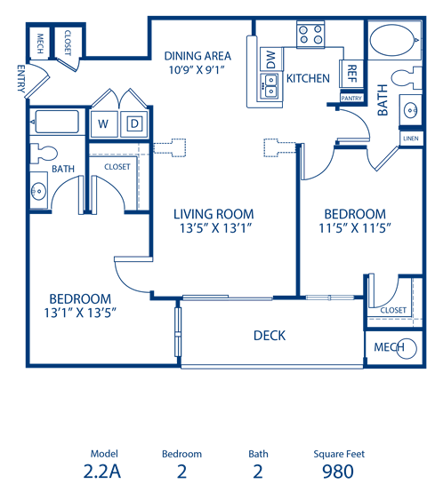 Floor plan for 2 beds, 2 baths, 980 sqft